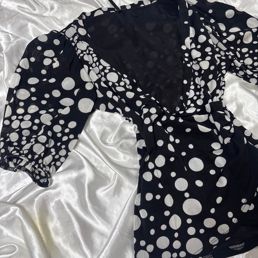 y2k Kay Celine Wrap Top Black White Polka Dot V-Neck Blouse - Picture 2 of 5